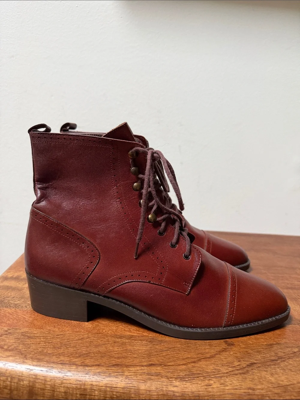Women's Leather Lace-Up Cap-Toe Boots in Chestnut Brown